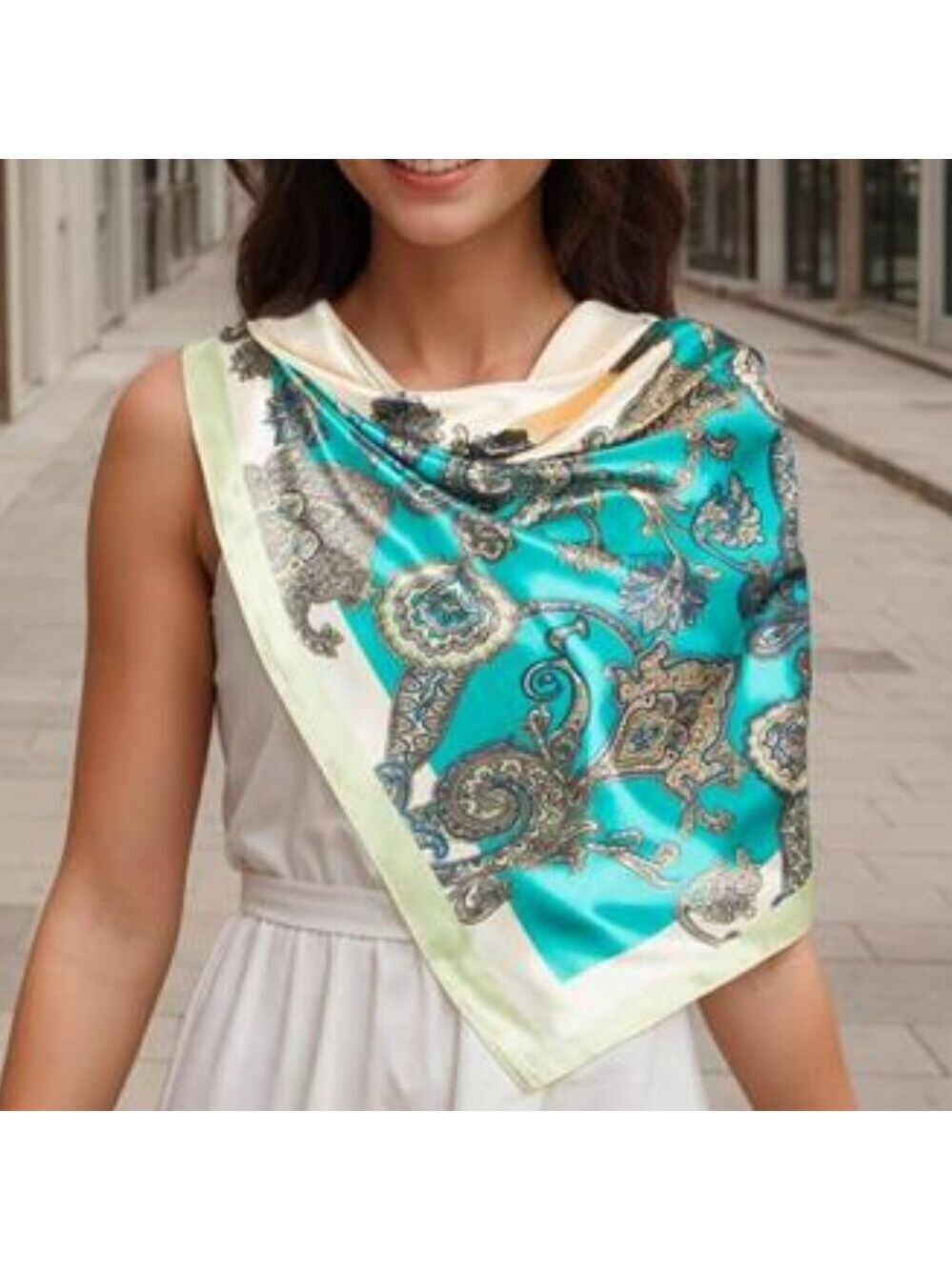 Blue & White Boho Head Scarf Like Silk Scarf Hair Scarf Printed Square Scarf